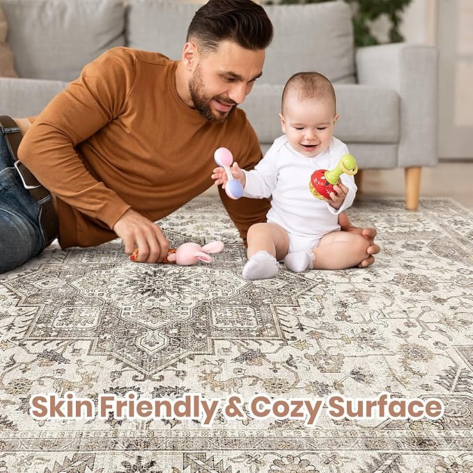 Vintage Living Room Area Rug 5x7 - Large Soft Washable Oriental Traditional Distressed Farmhouse Rugs for Bedroom - Indoor Floor Accent Carpet for Home Office House Decor - Light Brown