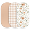 Baby Bassinet Sheets Girl Boy, Fitted Bassinet Sheet Set 3 Pack Bassinet Mattress Sheets Universal Fit for Rectangle, Round, Oval, Hourglass Mattress, Soft Breathable Orange Flowers & Plaid
