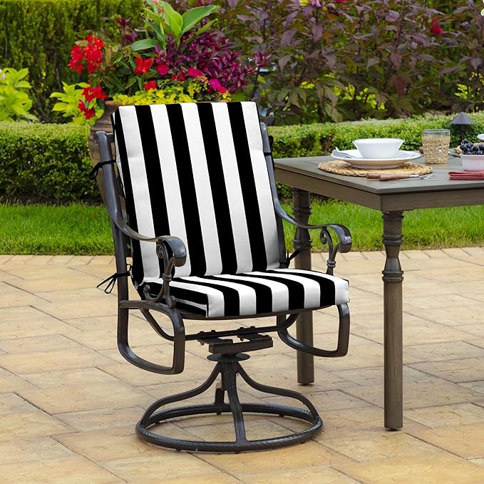 Arden Outdoor Dining Chair Cushion, 20 x 20, Rain-Proof, Fade Resistant, Black Cabana Stripe