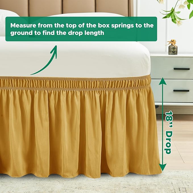 Biscaynebay Wrap Around Bed Skirts for Queen Size Beds 18" Drop, Christmas Gold Adjustable Elastic Dust Ruffles Easy Fit Wrinkle Resistant Silky Luxurious Fabric Machine Washable
