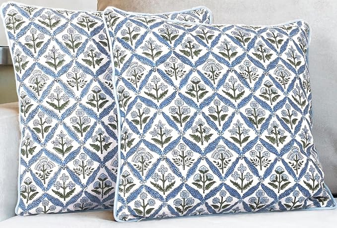 SheetKart Cotton Throw Pillow Covers - Set of 2 - Hand Block Cotton Printed Boho Decorative Pillow Covers - Cushion Covers for Living Room, Bohemian Theme, 20 x 20 Inches, Floral Blue