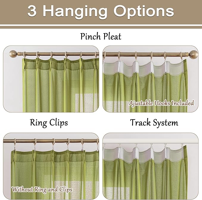 MAIHER Sage Pleated Sheer Curtains 102 Inches Long for Patio Door Light Filtering Pinch Pleat Drapes with Hooks Summer 102 Inch Curtains for Living Room, Sage Green, 42" W x 102" L, 2 Panels