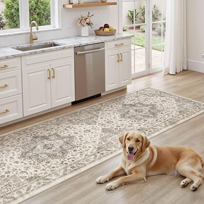 Vintage Hallway Runner Rug 3x8: Large Soft Washable Entryway for Kitchen Laundry Room Non-Slip Backing Runner for Entrance Living Room Bedroom Bathroom - Light Brown