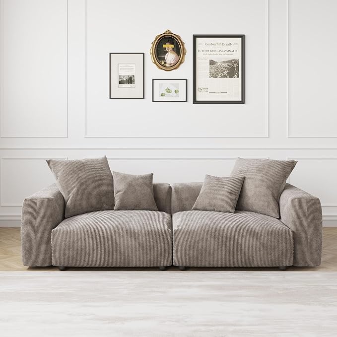 JACH 102" Sectional Couch Sofa with 4 Pillows, Corduroy Comfy Modular Sectional Sofa, Cushion Covers Removable, Love Seat Soft Couches for Living Room, Office, Apartment, Light Brown