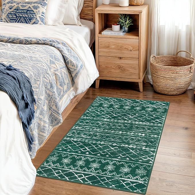 KUTA Christmas Rugs for Entryway, Green 2x3 Entrance Small Area Rug Non-Slip Washable, Ultra Soft Vintage Geometric Low-Pile Indoor Door Mat Floor Carpet for Kitchen