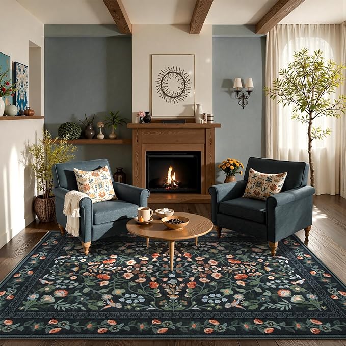 Lahome Floral Washable Rug 5x7, Black Rug for Bedroom Non-Slip Stain Resistant Soft Carpet for Living Room, Vintage Botanical Print Low-Pile Carpet for Kitchen Office Entryway, Black