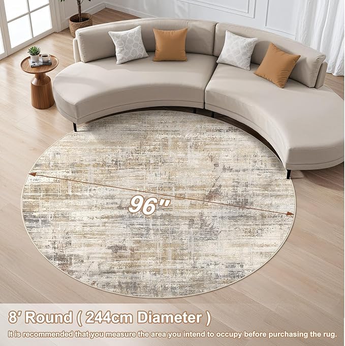 8ft Round Area Rug for Living Room: 8x8 Washable Neutral Abstract Modern Soft Rugs Non Slip Indoor Floor Stain Resistant Carpet for Bedroom Dining Room Office Nursery - Golden Brown