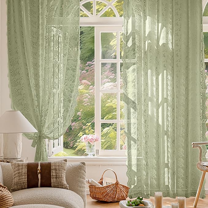 Anmao Vintage Lace Curtains 84 Inches Long 2 Panels Set, Romantic Elegant Light Filtering Semi Sheer Floral Thick Lacy Curtain Drapes for Living Room and Bedroom, Each Panel 55W x 84L, Dry Grass Green