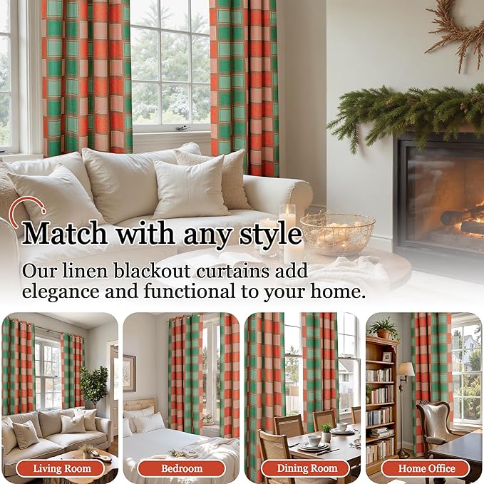 Plaid Christmas Curtains for Living Room - Boho Cottage Linen Blackout Gingham Checkered Drapes Extra Long, Farmhouse Thermal Insulated Drapery for Bedroom Winter 52x96 Inch 2 Panels, Red Green