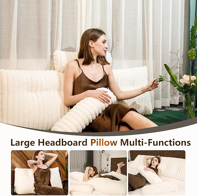 Faux Fur Headboard Pillow King Size, Triangular Wedge Backrest with Removable Head Roll & Side Pocket, Reading Pillow for Bed, Couch, Floor - Ergonomic Support for Neck, Back, Ivory