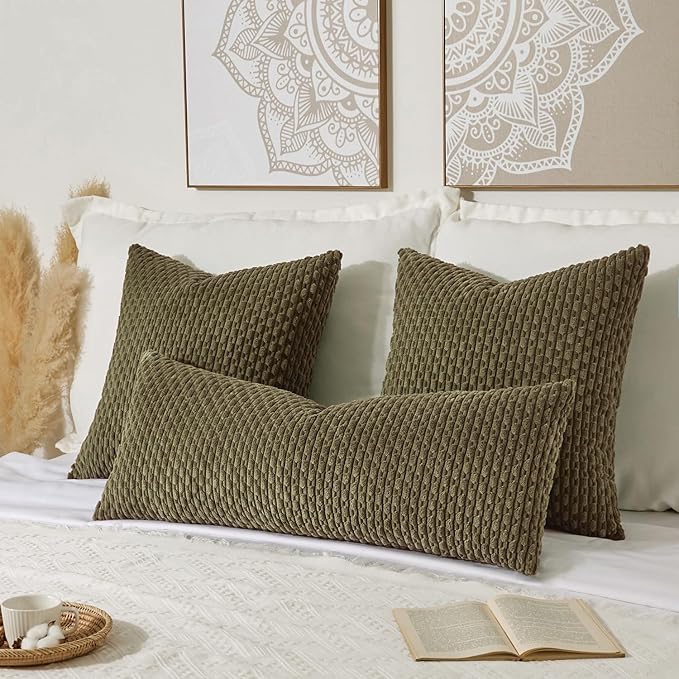 Kevin Textile 14x36 Inch Long Lumbar 1 Pack Boho Decorative Throw Pillow Cover Soft Striped Corduroy Rectangle Cushion Case Farmhouse Solid Color Accent for Living Room Couch Sofa Bed, Olive Green