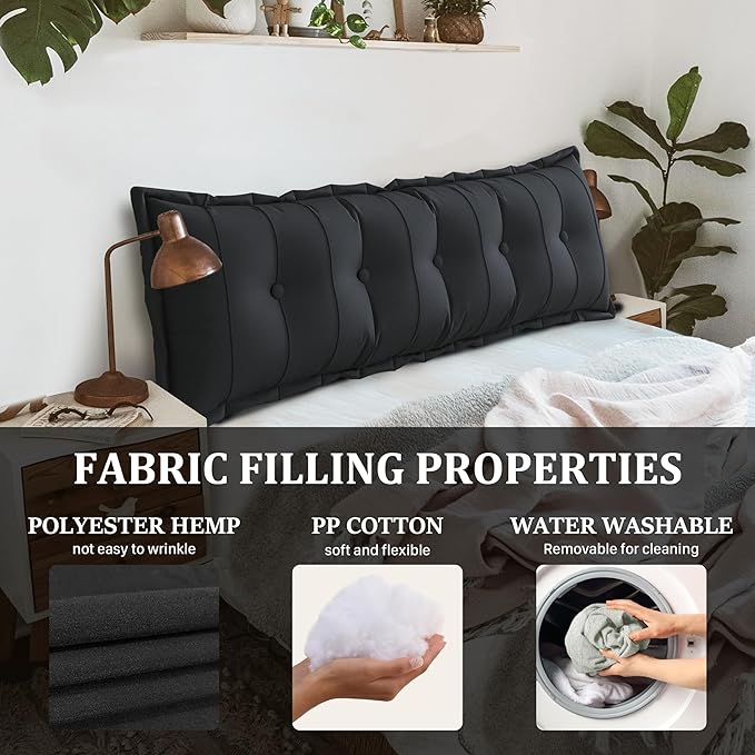 Large Bolster Reading Pillow Full Backrest Positioning Support Pillow Daybed Cushion Headboard Pillows for Bed Bunk Sofa with Removable Cover, Black, 54x3x20 Inch