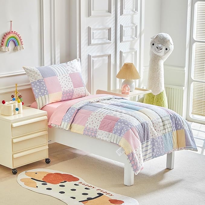 Joyreap 4 Piece Cotton Toddler Bedding Set- Colorful Flowers Patchwork Design, Toddler Comforter Set for Girls, Includes Quilted Comforter, Fitted Sheet, Top Sheet, and Pillow Case