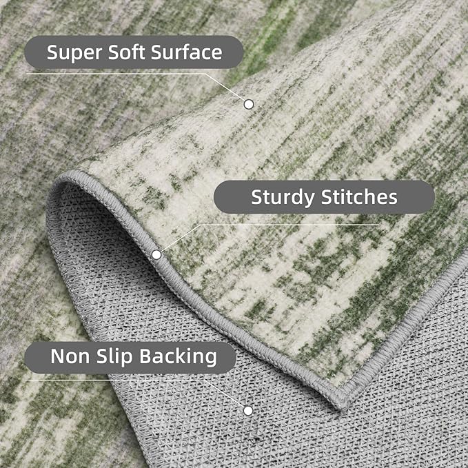 PADOOR Modern Abstract Runner Rug - 2x6 Washable Hallway Rugs, Ultra Soft Non-Slip Low Pile Floor Rugs for Hallway Entryway Kitchen Bedroom Bedside Laundry Room Green