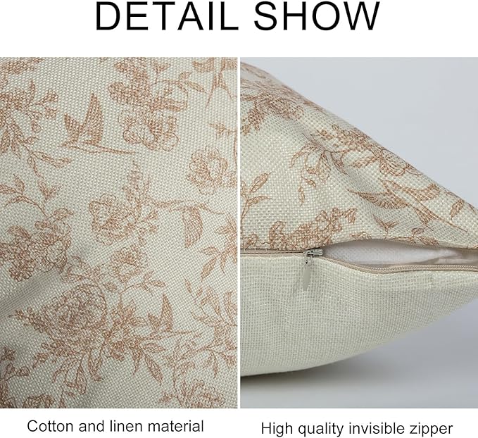 Brown Floral Pillow Cover 18x 18 Set of 2, Vintage Block Print Blooming Flower and Bird Decorative Linen Pillow Cushion Case,Modern Home Decor for Outdoor Couch Bedroom Car