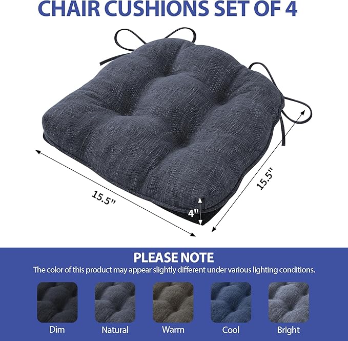 Chair Cushions for Dining Chairs Set of 4, Kitchen Chair Cushions, Chair Pads with Ties and Non Slip Backing, Tufted Memory Foam Seat Cushion 4 Pack, 15.5" x 15.5" x 4", Navy Blue