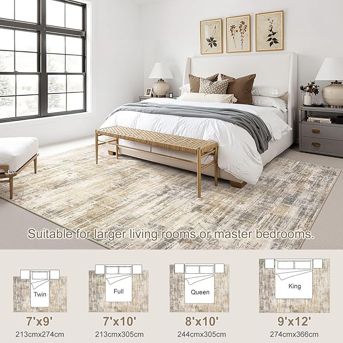 Area Rug for Living Room: 8x10 Washable Neutral Abstract Modern Soft Rugs Non Slip Indoor Floor Stain Resistant Large Carpet for Bedroom Dining Room Office Nursery - Golden Brown