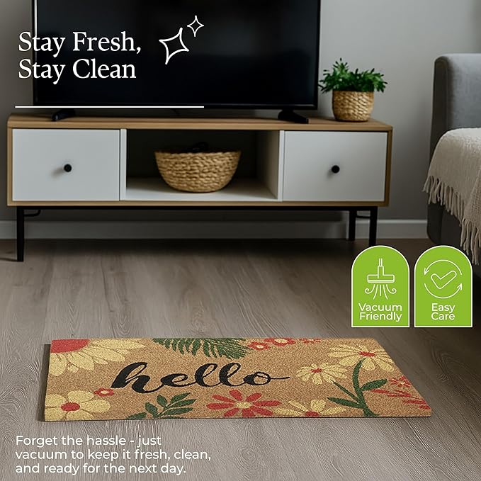 Coir Door Mats 17" X 30", Non-Slip Sturdy, PVC Backed Heavy Duty, Easy to Clean, Ideal for Door Entrance, Patio, Porch, Backyard, Garages, Vibrance of Flora - Hello