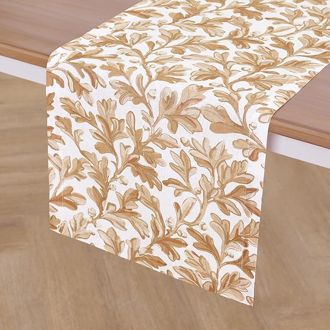 Solino Home 100% Pure Linen Fall Table Runner 108 Inches Long - Floral Print Table Runner 14 x 108 Inch for Autumn - Handcrafted and Machine Washable - Fallen Leaves Print