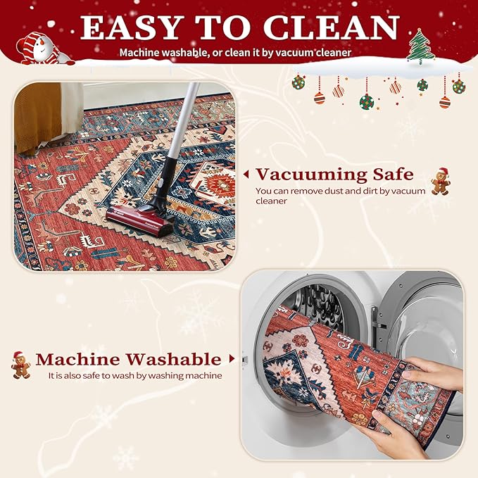 SERISSA 7x9 Area Rugs for Living Room, Large Washable Non-Slip Boho Rug, Ultra Soft Vintage Rust Oriental Tribal Print Distressed Carpet for Dining Room Bedroom Dorm Office Home Decor