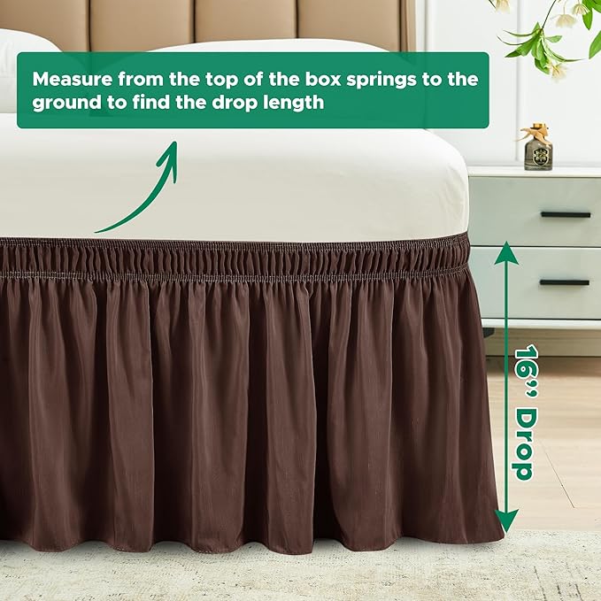 Biscaynebay Wrap Around Bed Skirts for Queen Beds 16" Drop, Brown Adjustable Elastic Dust Ruffles Easy Fit Wrinkle & Fade Resistant Silky Luxurious Fabric Solid Machine Washable