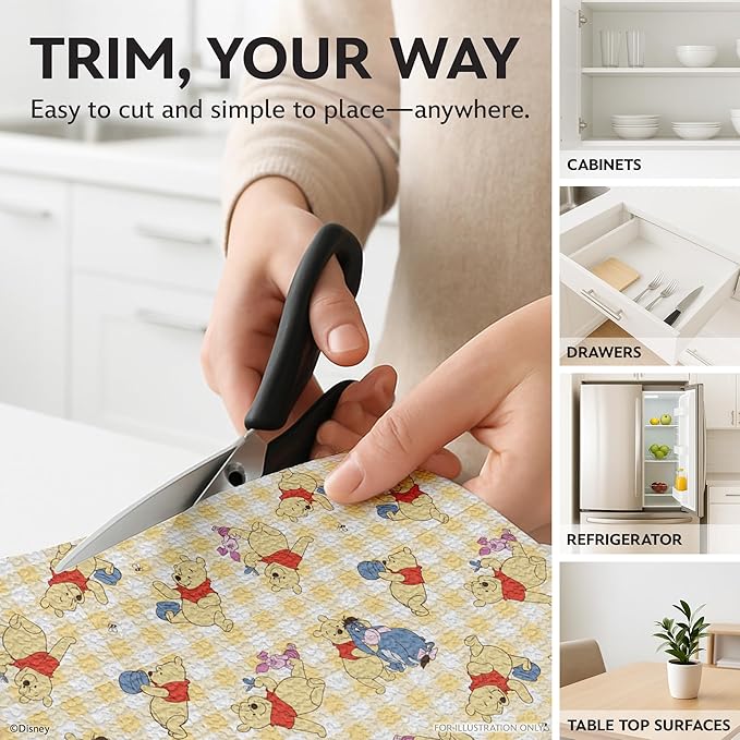 Disney Non Adhesive Shelf Liner – 18”x 10 ft Water-Resistant Drawer Liners for Kitchen Cabinets, Pantry, Fridge & Dressers – Easy Cut Cabinet Liner Roll- Mickey Mouse, Stitch & Winnie The Pooh