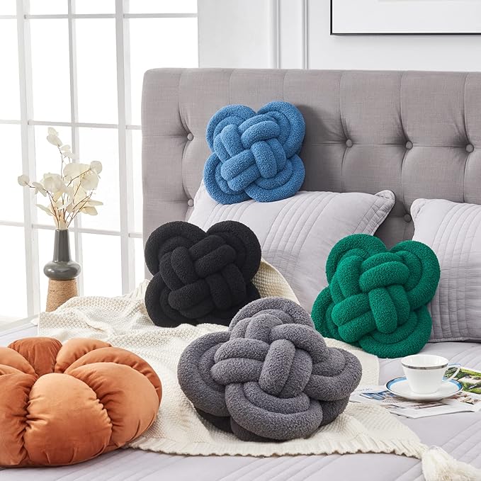Xiashrk Knot Pillow Ball, 12" Soft Decorative Throw Pillows for Couch Bed, Dark Blue Knotted Plush Throw Pillow Handmade Square Cushion Home Couch Decor Pillows for Living Room