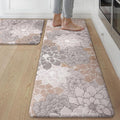 GENIMO Kitchen Mats for Floor, Kitchen Rugs Non Slip Washable Sets of 2, Waterproof Cushioned Anti Fatigue Mat, Floral Runner Rug for Laundry, Sink, Office, Home, 17.3"x59"+17.3"x30", Taupe Grey