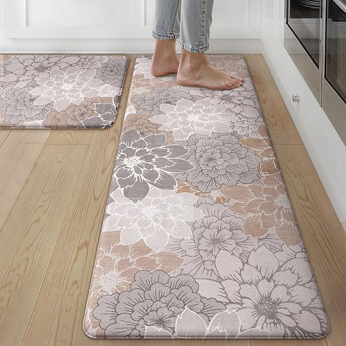GENIMO Kitchen Mats for Floor, Kitchen Rugs Non Slip Washable Sets of 2, Waterproof Cushioned Anti Fatigue Mat, Floral Runner Rug for Laundry, Sink, Office, Home, 17.3"x59"+17.3"x30", Taupe Grey