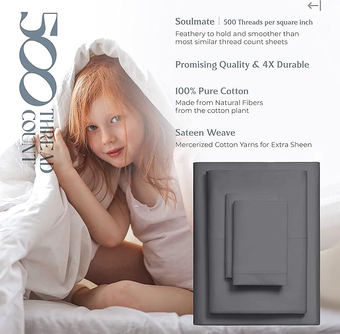 Mayfair Linen 100% Cotton Bed Sheets King Sheet Set - 500 Thread Count Sheets King Size 4 PC Set (Dark Grey), Soft, Cooling, Hotel-Quality 16" Deep Pocket Sateen Cotton Bedsheet for Hot Sleepers