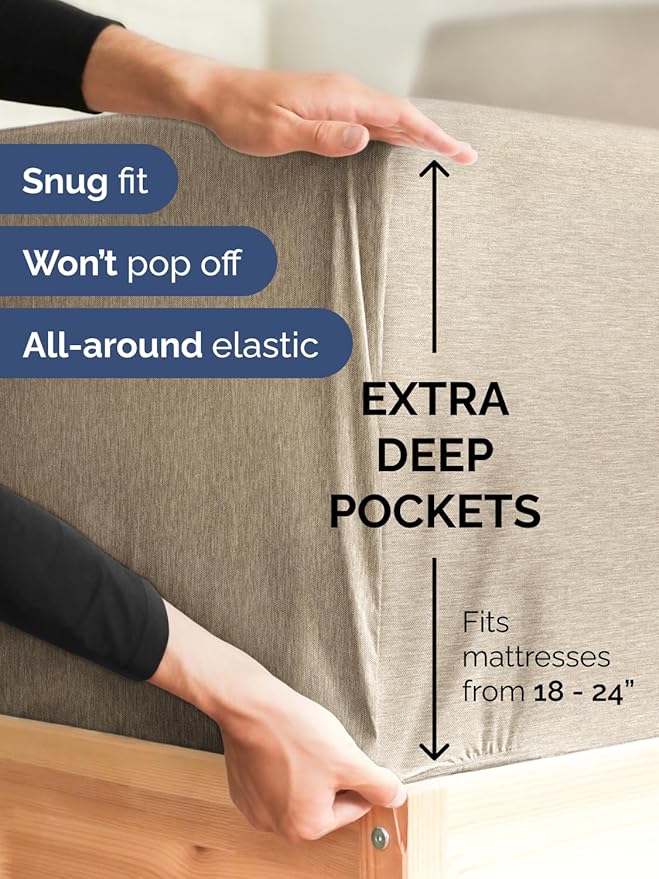 Extra Deep King Fitted Sheet - Hotel Luxury Single Fitted Sheet Only - Easily Fits 18 inch to 24 inch Mattress - Ultra Soft, Wrinkle Free w/Extra Deep Pockets - Breathable & Comfy - Heathered Beige