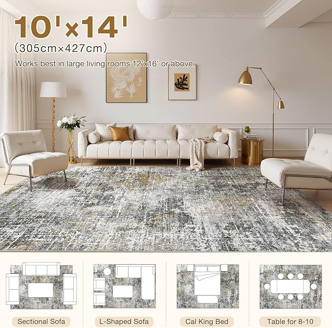 Abstract Living Room Rug 10x14 - Modern Washable Soft Thin Area Rug for Living Room Bedroom Under Dining Table - Neutral Indoor Floor Rug Carpets for Home Office Playroom Nursery - Black Gold