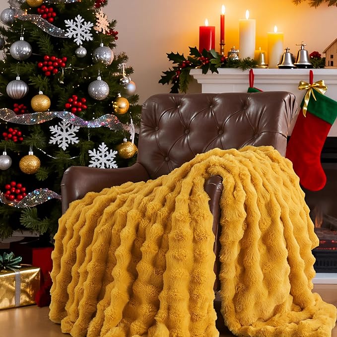 Lotus Karen Faux Fur Throw Blanket Ginger Yellow - Big Bubble Rabbit Fluff Blanket for Couch Bed Sofa,Softest Fluffy Fuzzy Cozy Blanket,Thick Furry Plush Shaggy Warm Blankets for Women,50x60 Inches