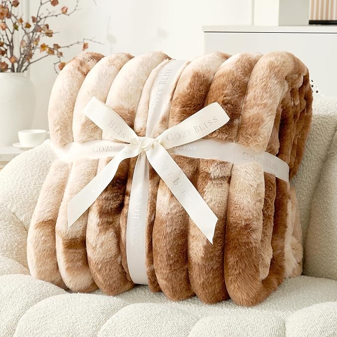 Cozy Bliss Faux Fur Throw Blanket for Couch, Cozy Warm Plush Striped Blanket for Sofa Bedroom Living Room, 60 * 80 Inches Tie-dye Brown