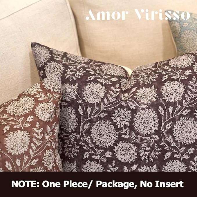 Amor Virisso Floral Pillow Covers 20x20 Throw Pillow Covers Vintage Block Print Pillow Cover Neutral Couch Pillows for Living Room Farmhouse Decorative Accent Sofa Pillows, Dark Brown