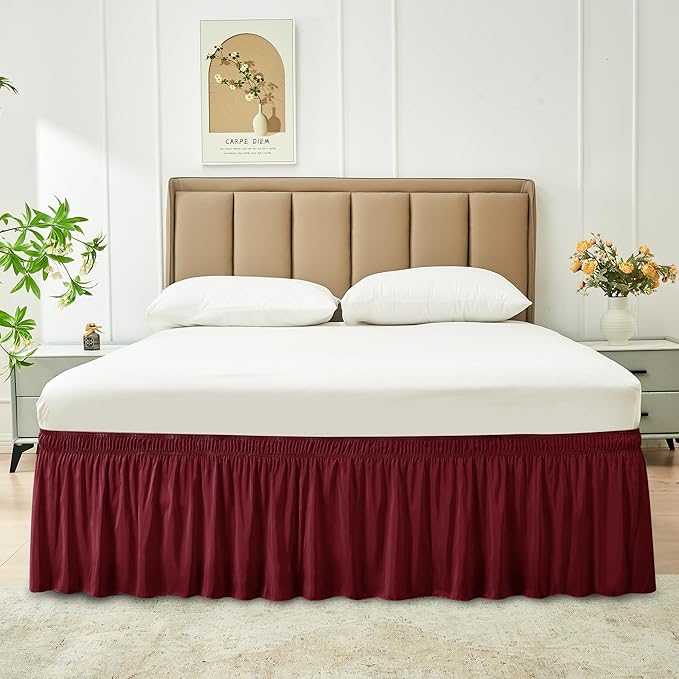 Biscaynebay Wrap Around Bed Skirts for King & Cal King Beds 16" Drop, Burgundy Adjustable Elastic Dust Ruffles Easy Fit Wrinkle & Fade Resistant Silky Luxurious Fabric Solid Machine Washable