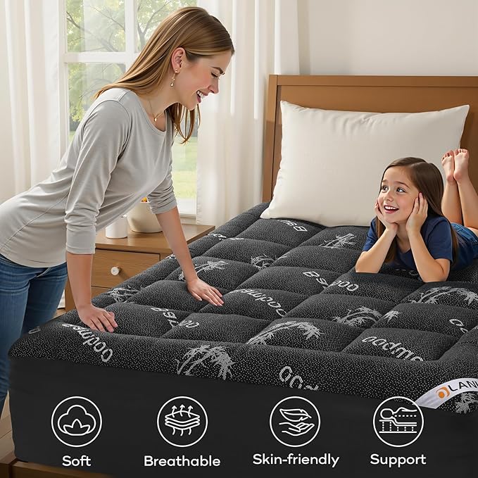 OLANLY Queen Mattress Topper – Viscose Made from Bamboo, Cooling Soft Queen Pillow Top Mattress Pad for Back Pain Relief, Plush Down Alternative Fill Bed Topper with Elastic Deep Pocket, Dark Gray