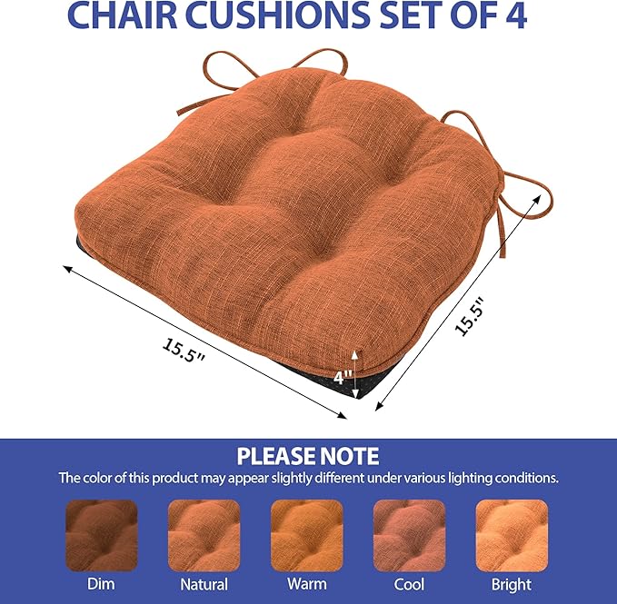 Chair Cushions for Dining Chairs Set of 4, Kitchen Chair Cushions, Chair Pads with Ties and Non Slip Backing, Tufted Memory Foam Seat Cushion 4 Pack, 15.5" x 15.5" x 4", Rust