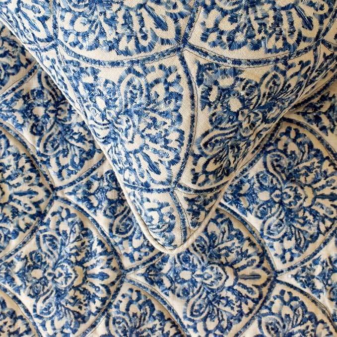 The HomeCentric King/Queen/Twin Blue Designer King 90"x18" Bed Runner with Pillow Cover, Embroidery, Quilted Bed Scarf on Cotton Fabric - Farzeen Blue