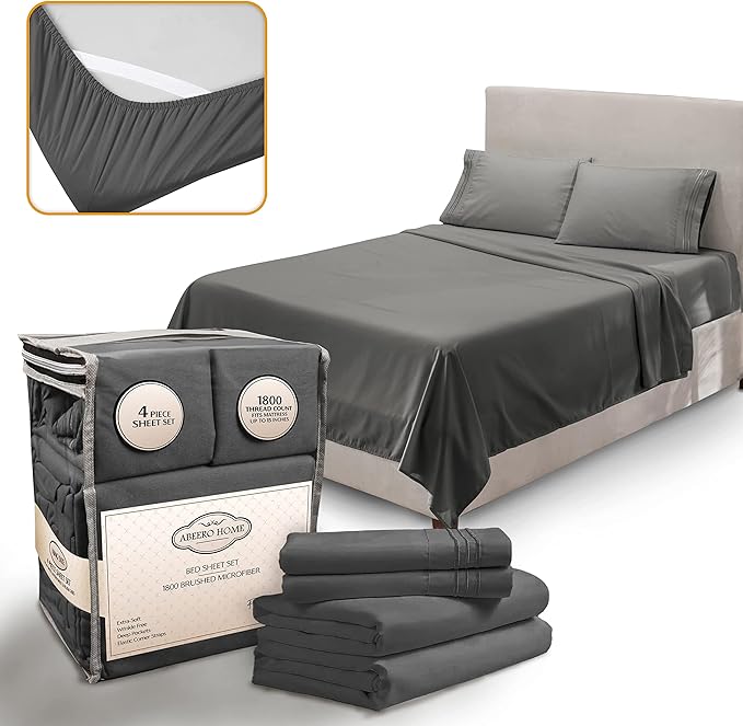 Full Size Bed Sheets Cooling - Luxury Hotel Sheet Set - Soft Sheets with Elastic Corner Straps - Deep Pocket Microfiber Bedsheets - Bedding Sheet & Pillowcases - 4 PC (Full Size, Gray)