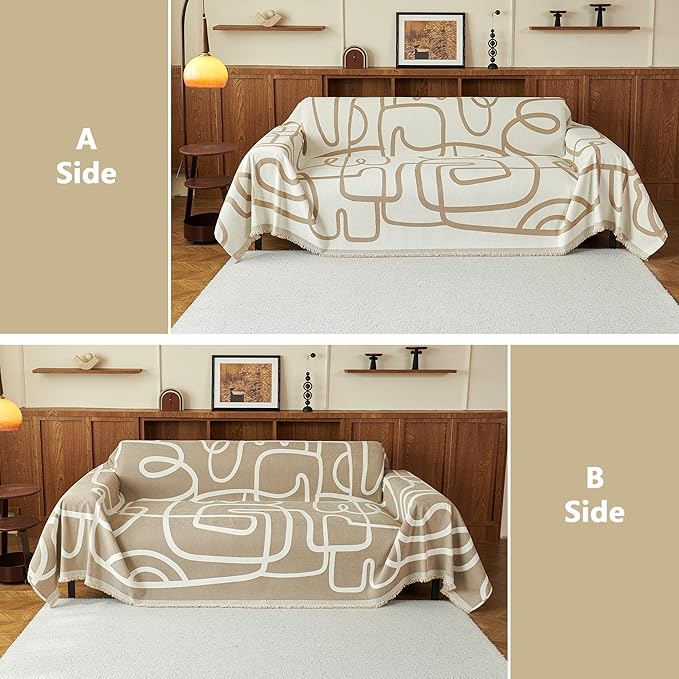 MEETSKY Washable Sofa Cover Boho Geometric Line Chenille Couch Cover for 2 Cushion L Shape Sofa Recliner Sofa Slipcovers with Tassel Thick Couch Protector for Home Decor, 71" x 118", Khaki