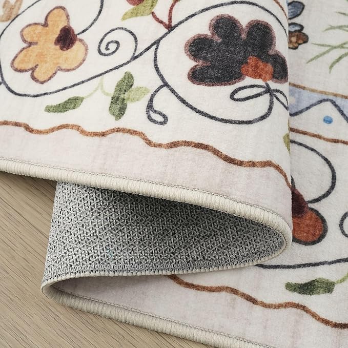 Rugcomf Runner Rug for Kitchen Non Slip 2'6''x8' Washable Rugs with Rubber Backing Soft Floral Animal Cat Carpet Runner for Kitchen Laundry Bedroom Bathroom, Beige