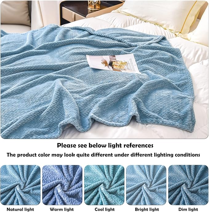 NEWCOSPLAY Super Soft Queen Blanket Light Blue Premium Silky Flannel Fleece Leaves Pattern Lightweight Bed Blanket All Season Use (Light Blue, Queen(90"x90"))