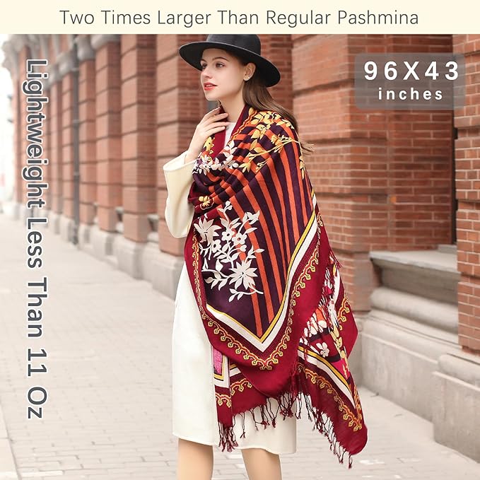 DANA XU 100% Merino Wool Pashmina Shawl for Women 96"x43", Oversized Cashmere Wrap with Tassels, Floral Travel Blanket Cape