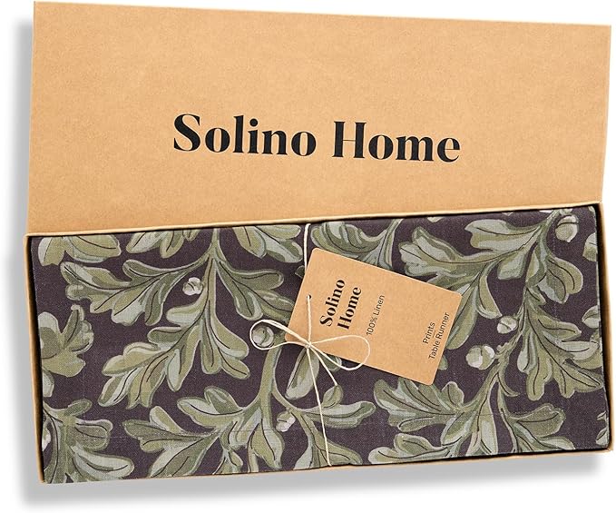 Solino Home 100% Pure Linen Table Runner 108 Inches Long - Floral Print Green and Brown Table Runner 14 x 108 Inch - Handcrafted and Machine Washable - Fallen Leaves Print