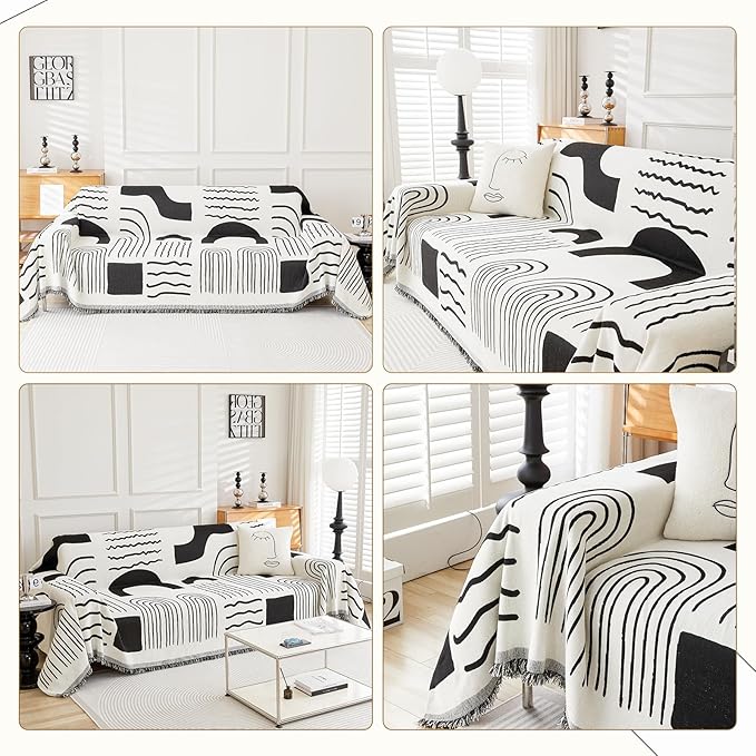 Boho Chenille Couch Cover with Tassels, Bohemian Sofa Cover for 3 Cushion Couch, L-Shaped Sectional, Loveseat, 2/3/4 Seater (71" x 102", Black)