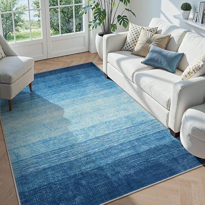 Wonnitar Ombre Blue Area Rug 3x5, Washable Modern Entry Rugs Soft Contemporary Rug for Boys Bedroom, Non-Slip Stain Resistant Bathroom Throw Carpet for Kitchen Dorm (Blue, 3'x5')