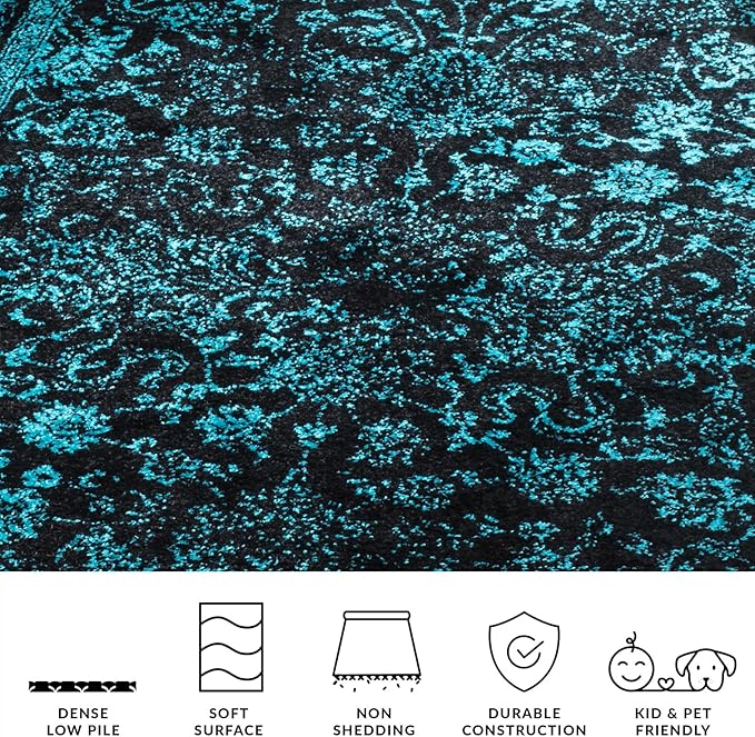 SAFAVIEH Adirondack Collection Area Rug - 8' Round, Black & Teal, Distressed Vintage Floral Design, Non-Shedding & Easy to Clean, Ideal for Living Room, Bedroom, Dining Space (ADR109K)