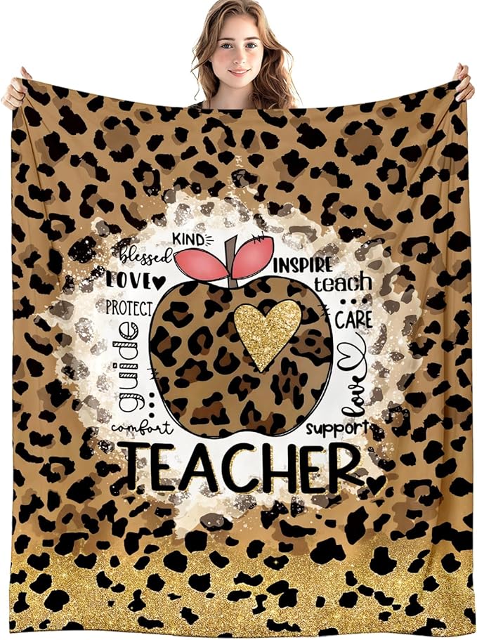 Teacher Leopard Blanket, Trendy Retro Cheetah Print Throw Blankets for Office Home Bedroom Living Room Couch Decor, Teacher Appreciation Gifts for Women, Teachers Gifts, 50x60 Inch