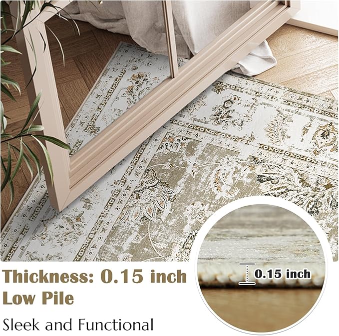jinchan Fiora 8x10 Area Rugs for Living Room - Machine Washable Vintage Floral Distressed Design Stain Resistant Boho Carpet Low Pile Non-Slip Rug for Bedroom Dining Room Home Office (8‘x10', Taupe)